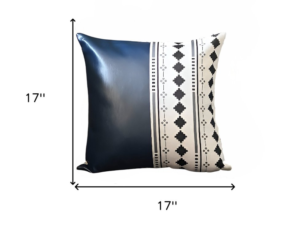 Set of Two 17" Navy Blue Diamond Fabric and Faux Leather Throw Pillow Covers