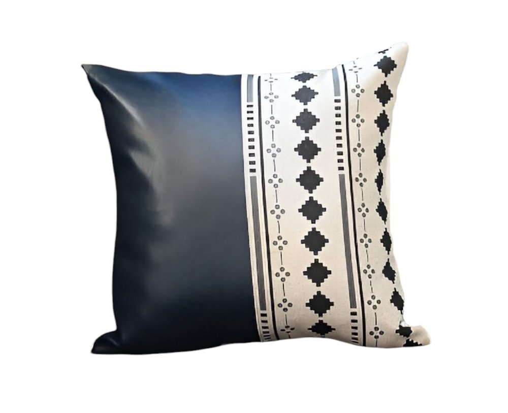 Set of Four 17" White Diamond Fabric and Faux Leather Throw Pillow Covers