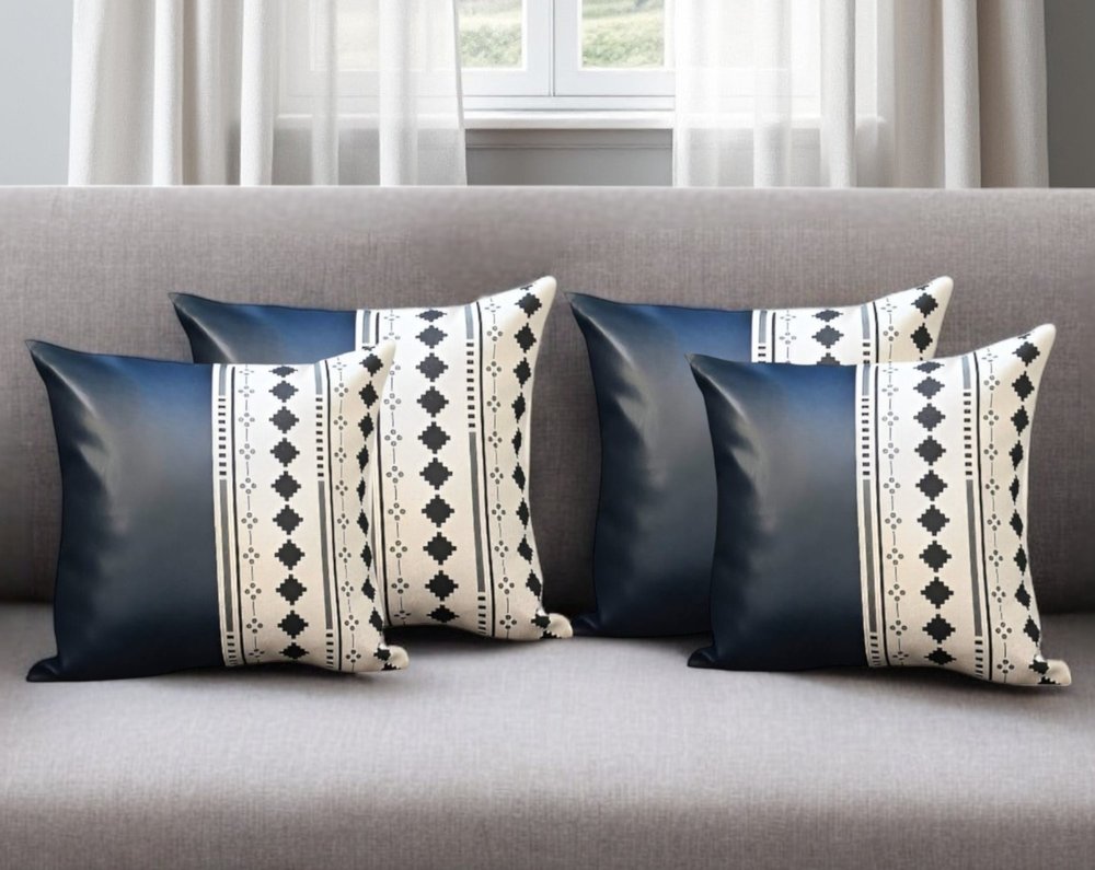 Set of Four 17" White Diamond Fabric and Faux Leather Throw Pillow Covers