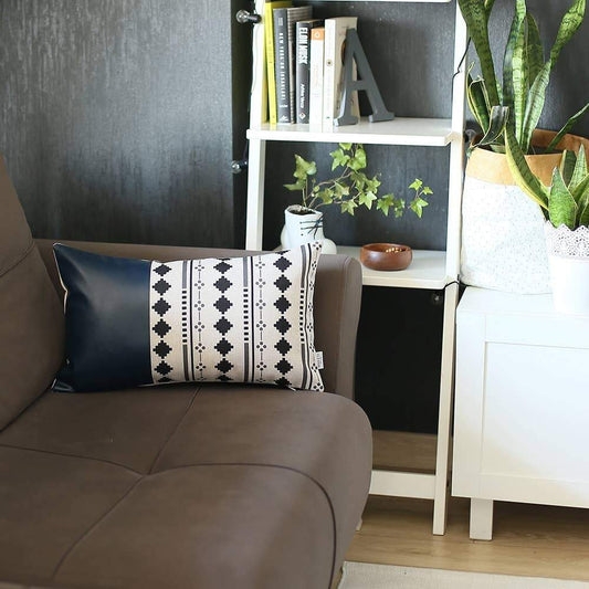 12" X 20" White Diamond Fabric and Faux Leather Lumbar Throw Pillow