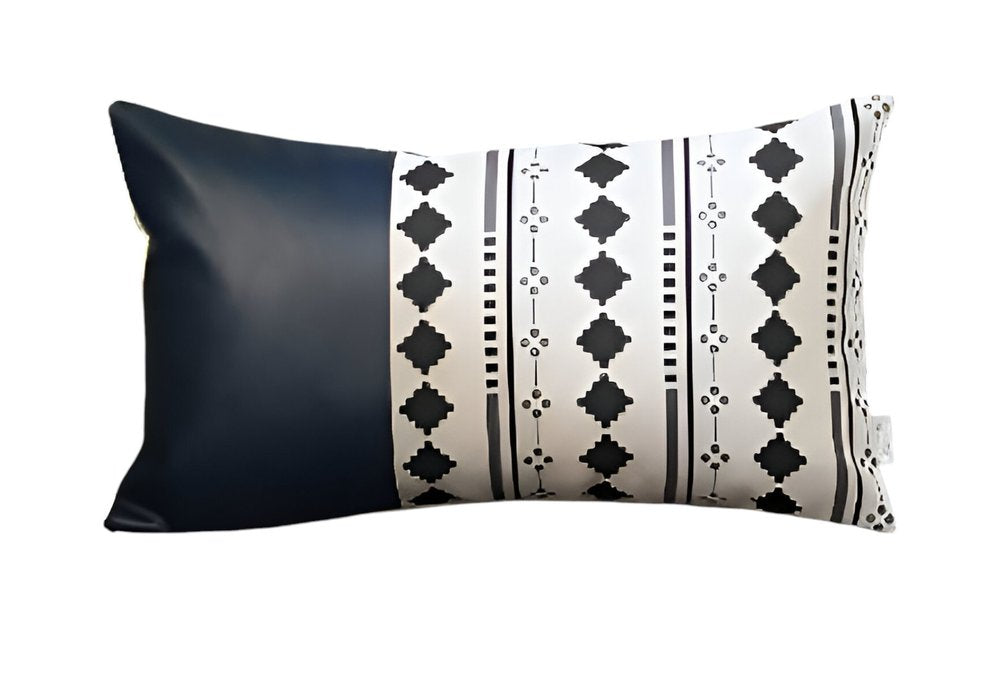 12" X 20" White Diamond Fabric and Faux Leather Lumbar Throw Pillow
