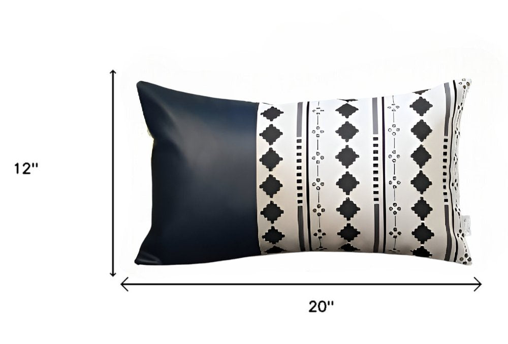 12" X 20" White Diamond Fabric and Faux Leather Lumbar Throw Pillow