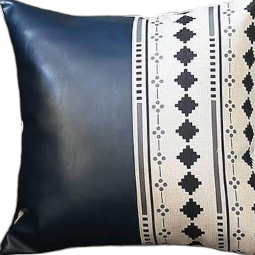 17" X 17" Navy Blue And White Diamond Zippered Handmade Faux Leather Throw Pillow