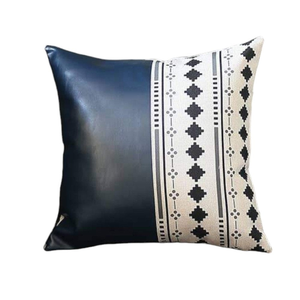 17" X 17" Navy Blue And White Diamond Zippered Handmade Faux Leather Throw Pillow
