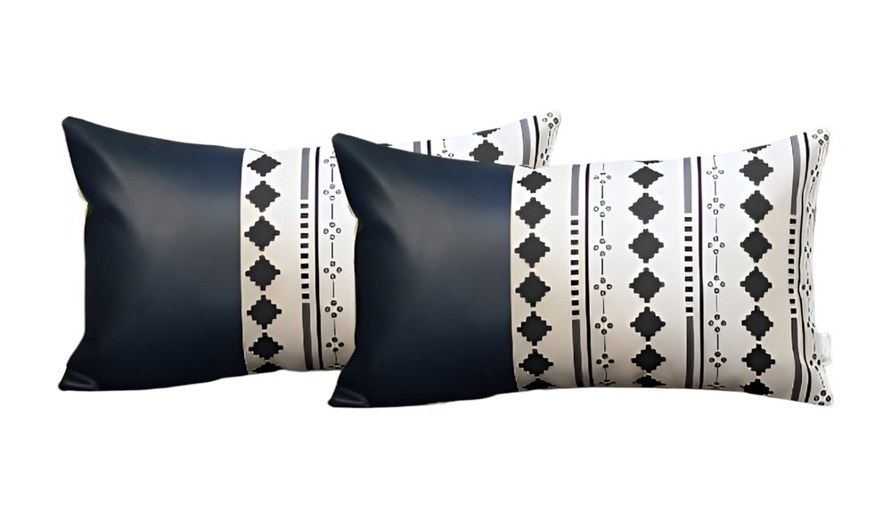 Set of Two 12" X 20" Navy Blue Diamond Fabric and Faux Leather Lumbar Throw Pillows