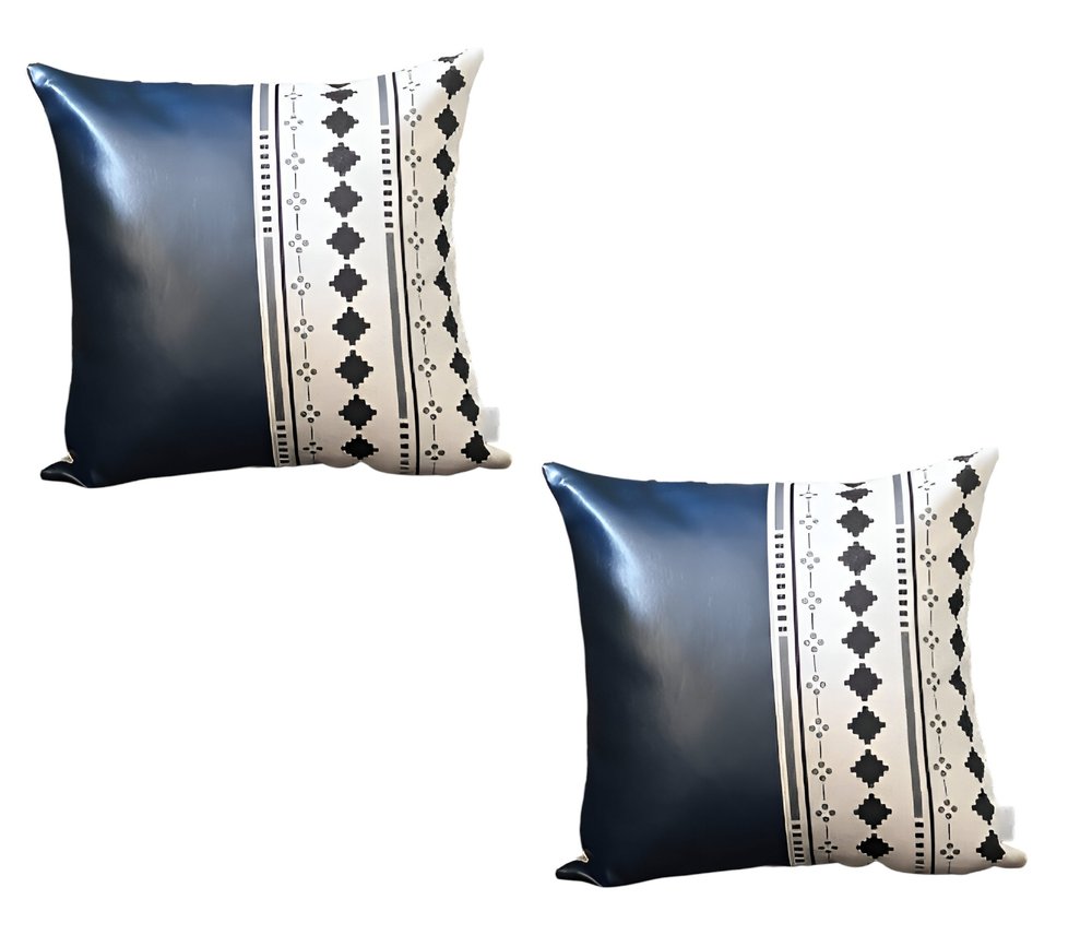Set of Two 17" Navy Blue Diamond Fabric and Faux Leather Throw Pillows