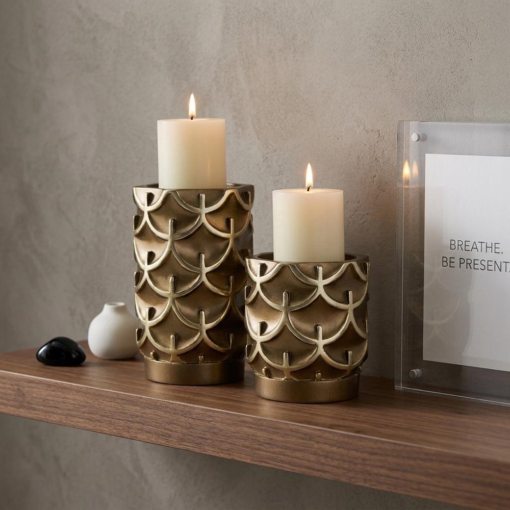 Set Of Two Antiqued Brass Tabletop Pillar Candle Holders