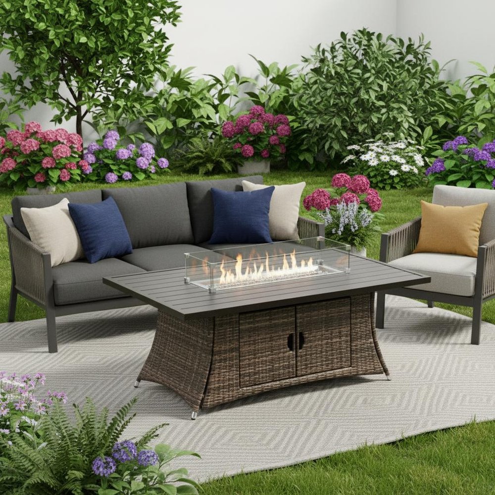 Brown Wicker Outdoor Patio Gas Fire Pit Table
