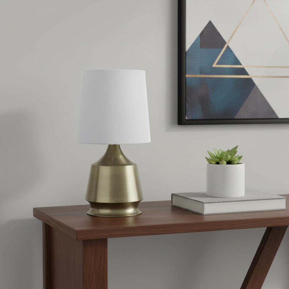 14" Brass Bedside Table Lamp With White Empire Shade