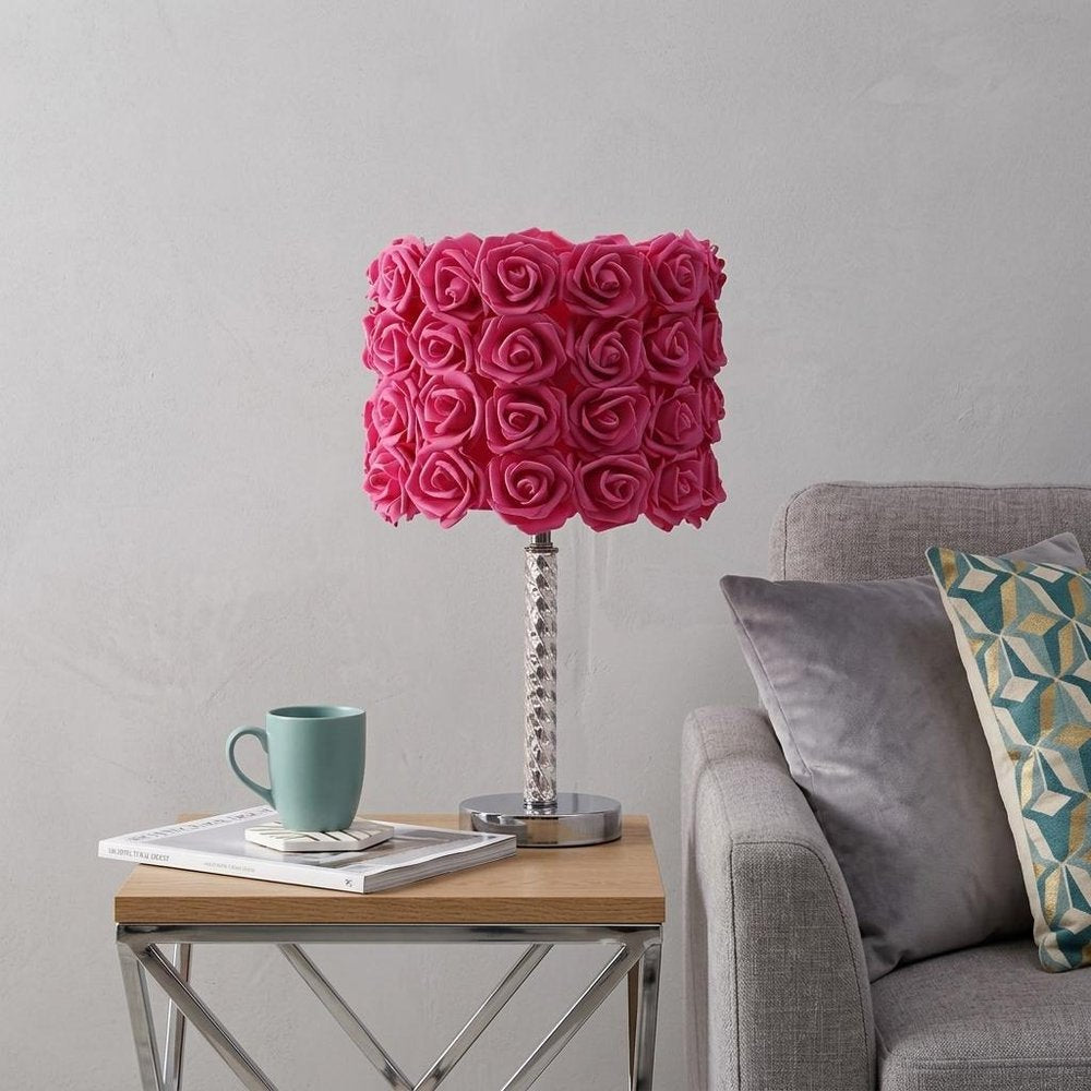 18" Silver Bedside Led Table Lamp With Red Flowers Drum Shade