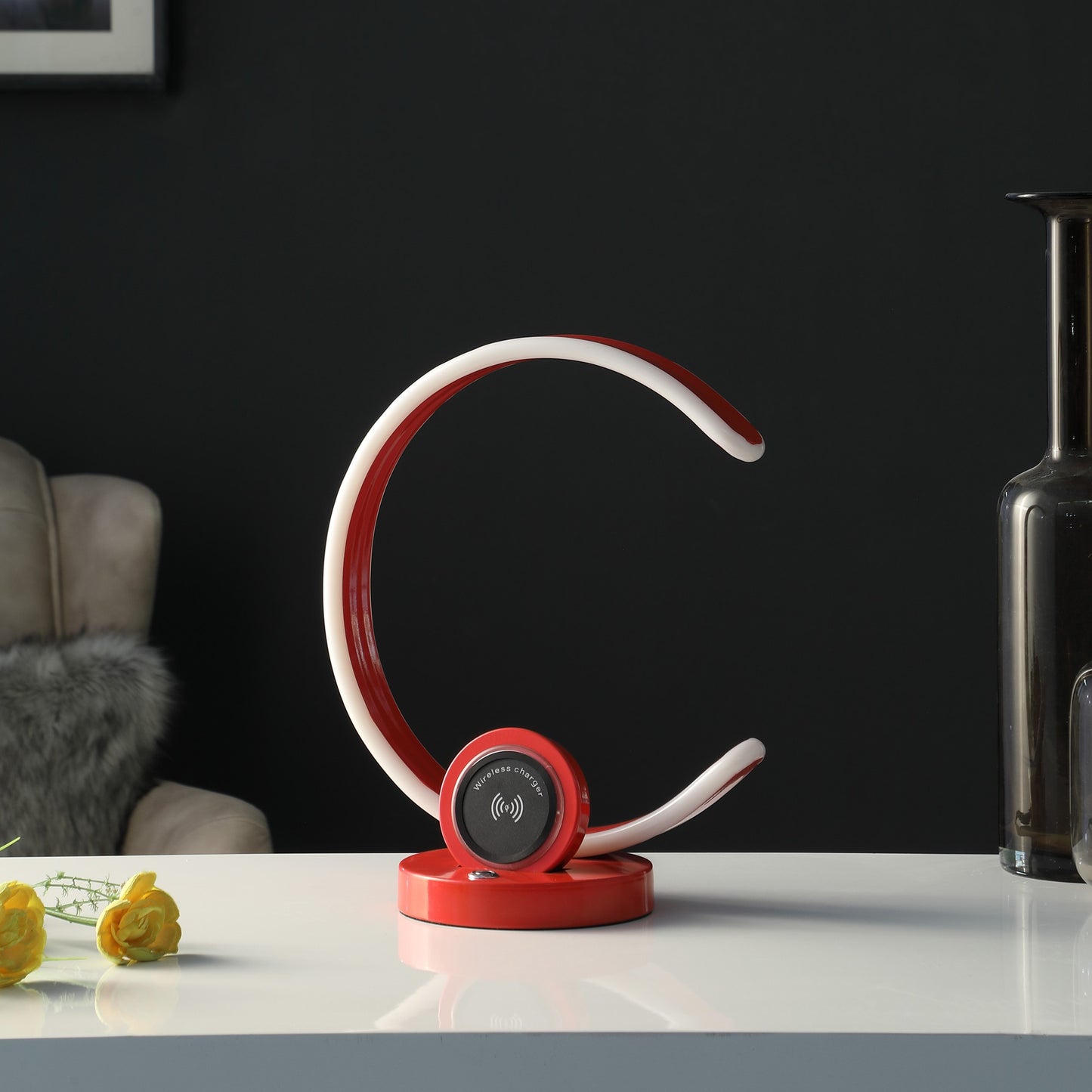 13" Red Contempo C Shape LED with USB Desk or Table Lamp