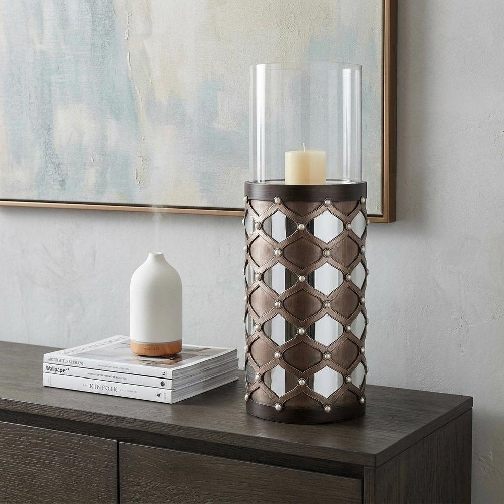 31" Bronze and Silver with Pearls Floor Hurricane Candle Holder