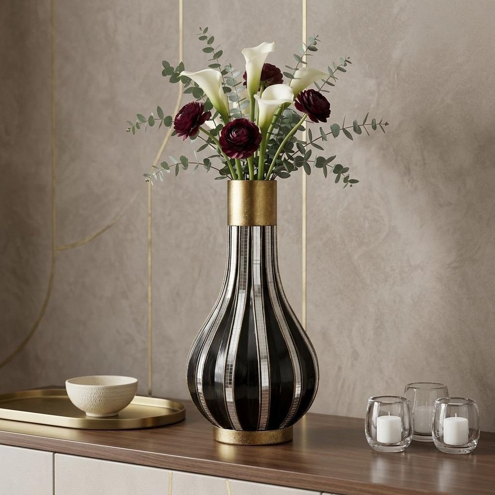 16" Gold and Black Striped Bud Polyresin Table Vase
