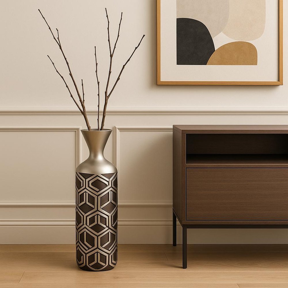 22" Brown and Silver Geometric Cylinder Polyresin Floor Vase