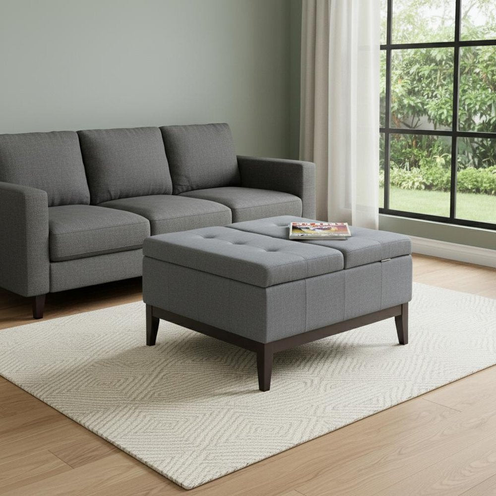 36" Slate Blue Linen And Black Tufted Storage