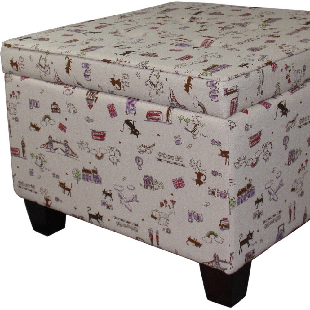 25" Tan Linen and Black Storage Ottoman