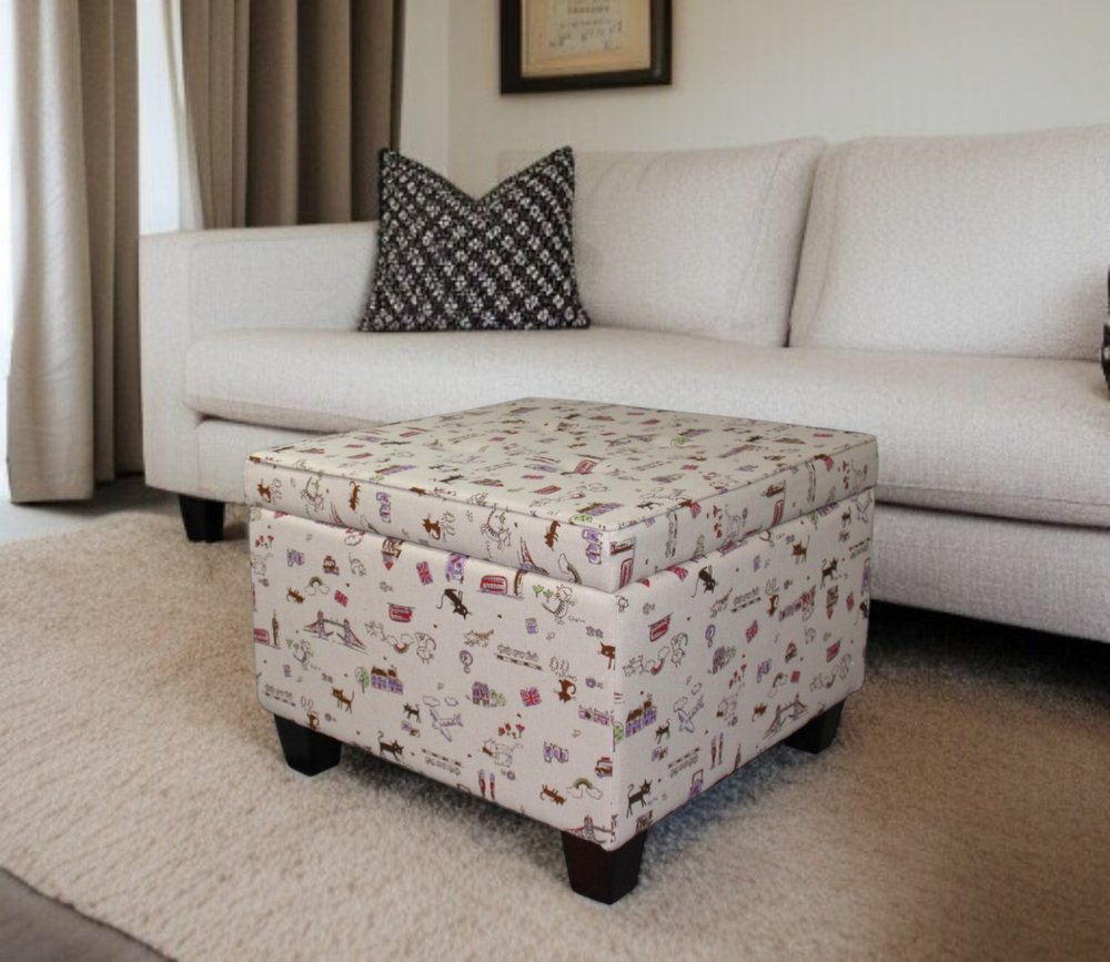 25" Tan Linen and Black Storage Ottoman