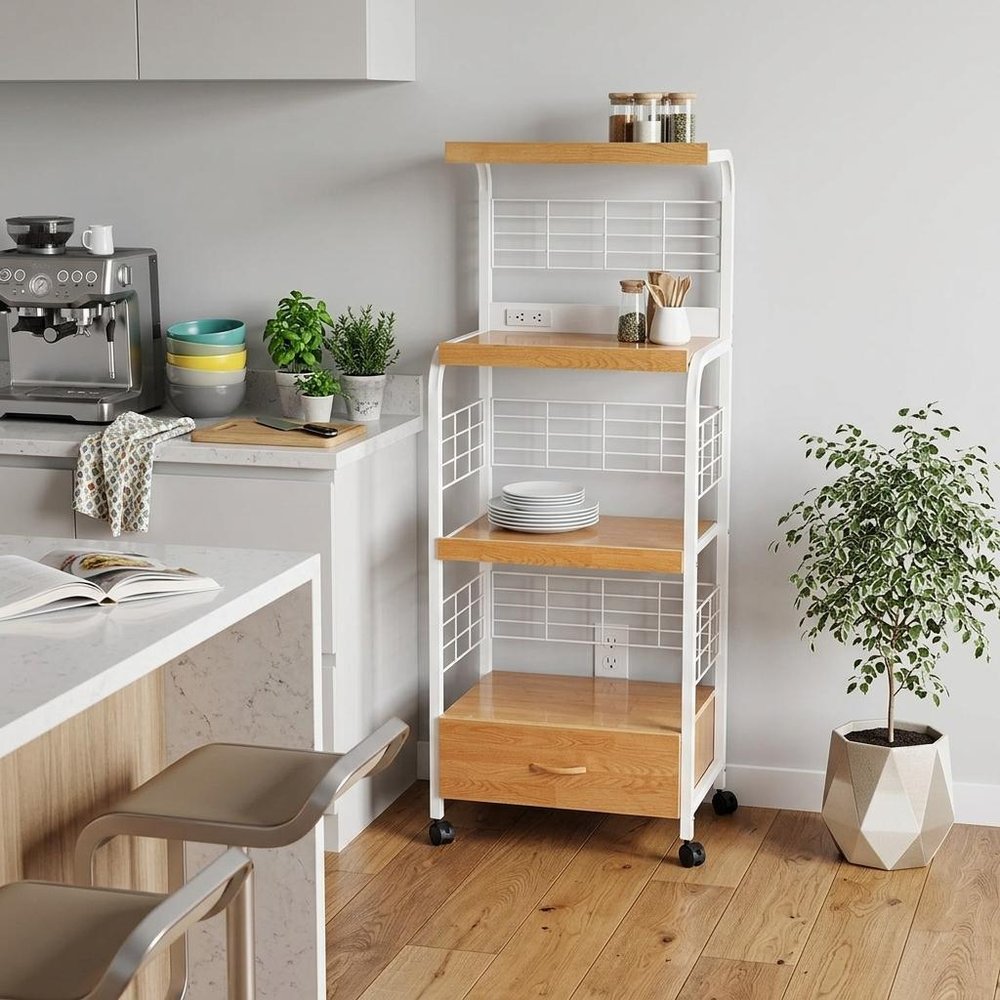 White and Natural 26" Rolling Kitchen Cart With Storage