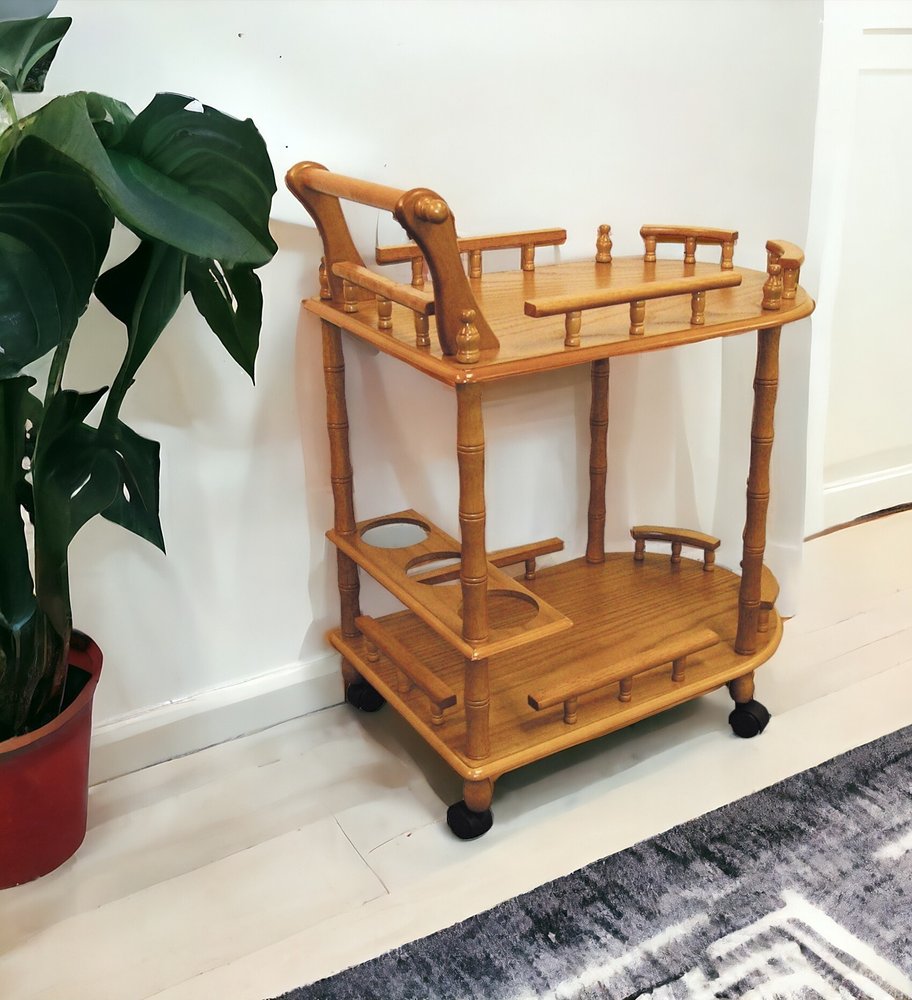 24" Oak Wood Rolling Bar Cart With Wine Storage