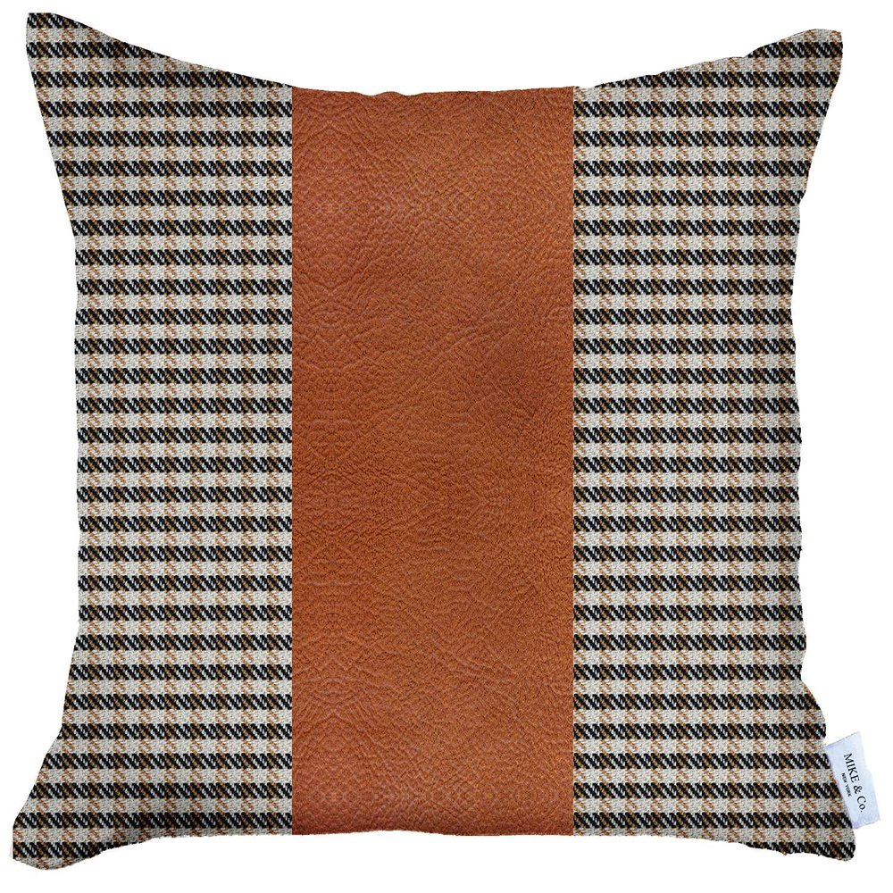 18" Black Brown And White Houndstooth Fabric And Faux Leather Throw Pillow Cover