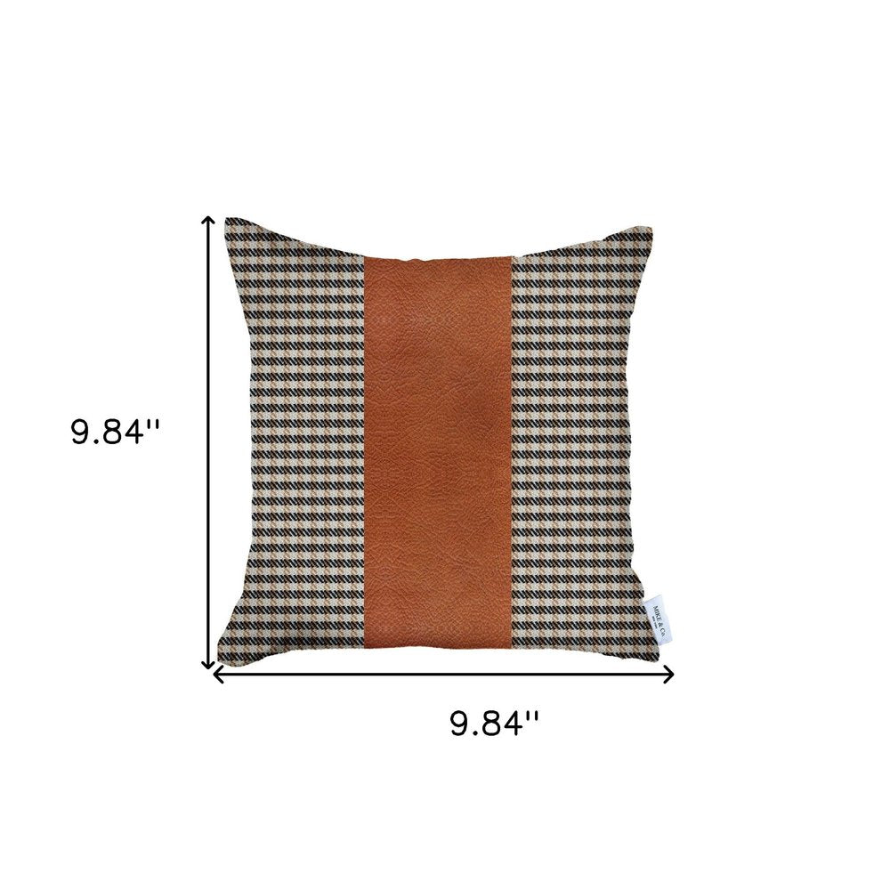 18" Black Brown And White Houndstooth Fabric And Faux Leather Throw Pillow Cover