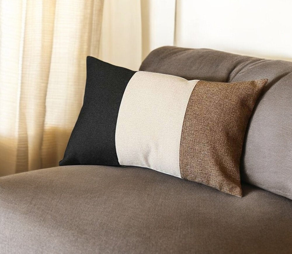 12" X 20" Black And Brown Geometric Zippered Handmade Polyester Lumbar Pillow Cover