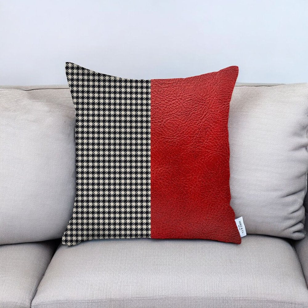 18" Red Black and White Houndstooth Faux Leather And Fabric Throw Pillow Cover