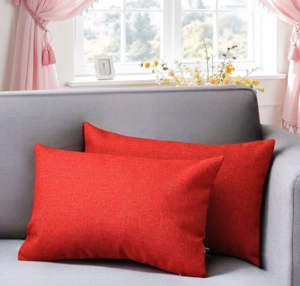 Set of Two 12" X 20" Red Fabric Lumbar Throw Pillows