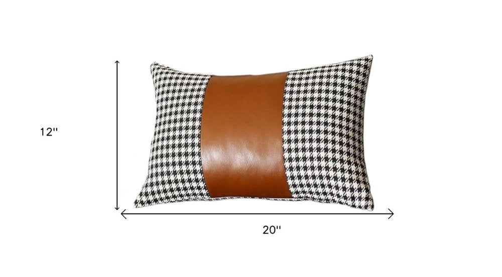 Set of Two 12" X 20" Brown Black and White Houndstooth Fabric and Faux Leather Lumbar Throw Pillows