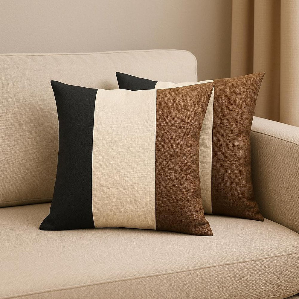 Set of Two 18" Black Ivory And Brown Fabric Throw Pillows