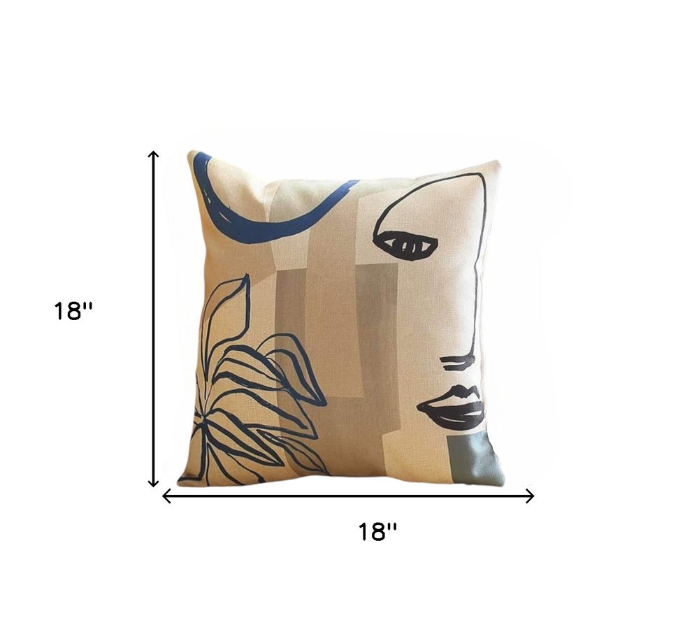 Set of Two 18" Ivory Blue and Gray Abstract Face Fabric Throw Pillows