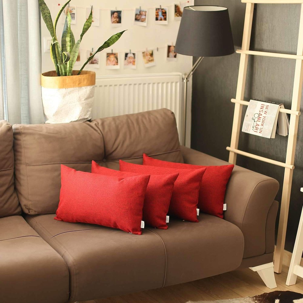 Set of Four 12" X 20" Red Fabrc Lumbar Throw Pillows