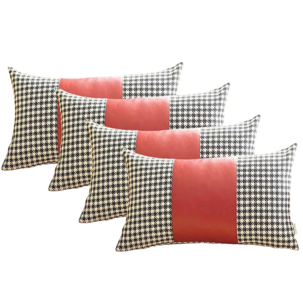 Set of Four 12" X 20" Red Black and White Houndstooth Fabric and Faux Leather Lumbar Throw Pillows