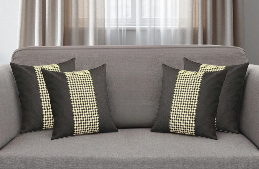 Set of Four 18" Black and Yellow Houndstooth Fabric Throw Pillows
