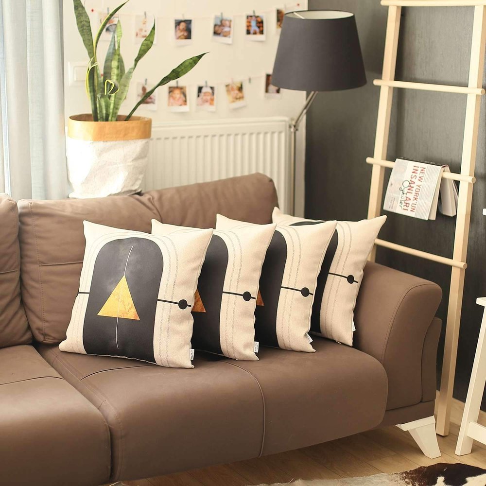 Set of Four 18" Ivory Black and Gold Geometric Fabric Throw Pillows