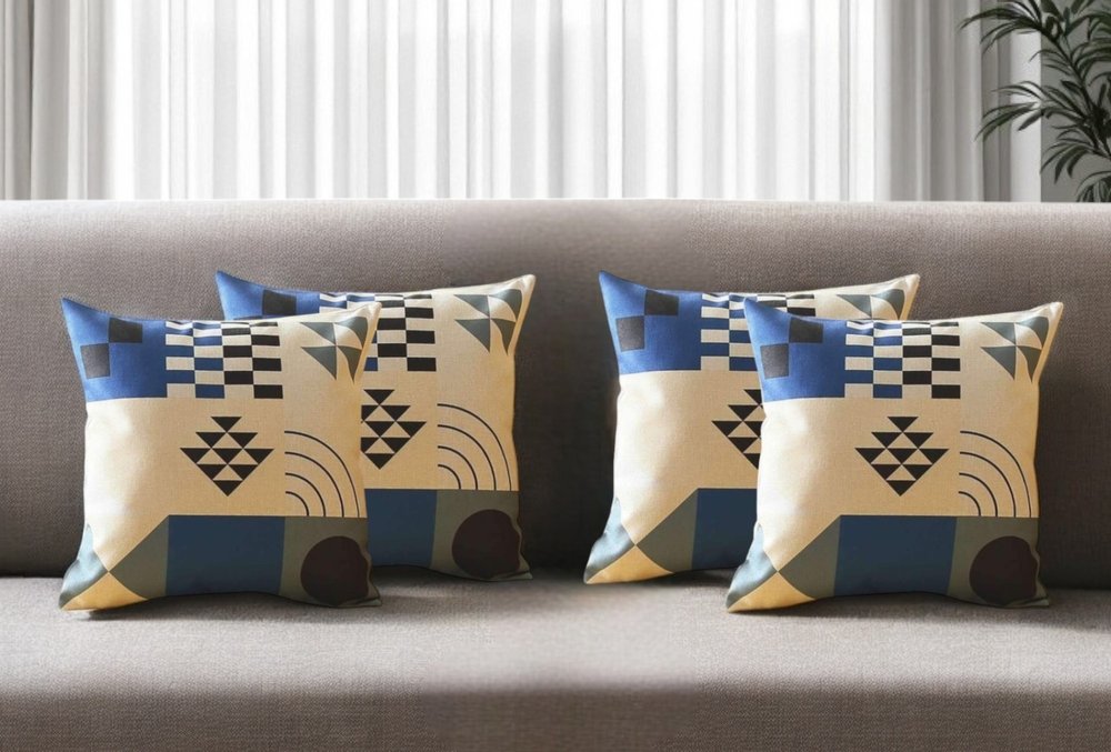 Set of Four 18" Ivory Blue and Black Geometric Fabric Throw Pillows