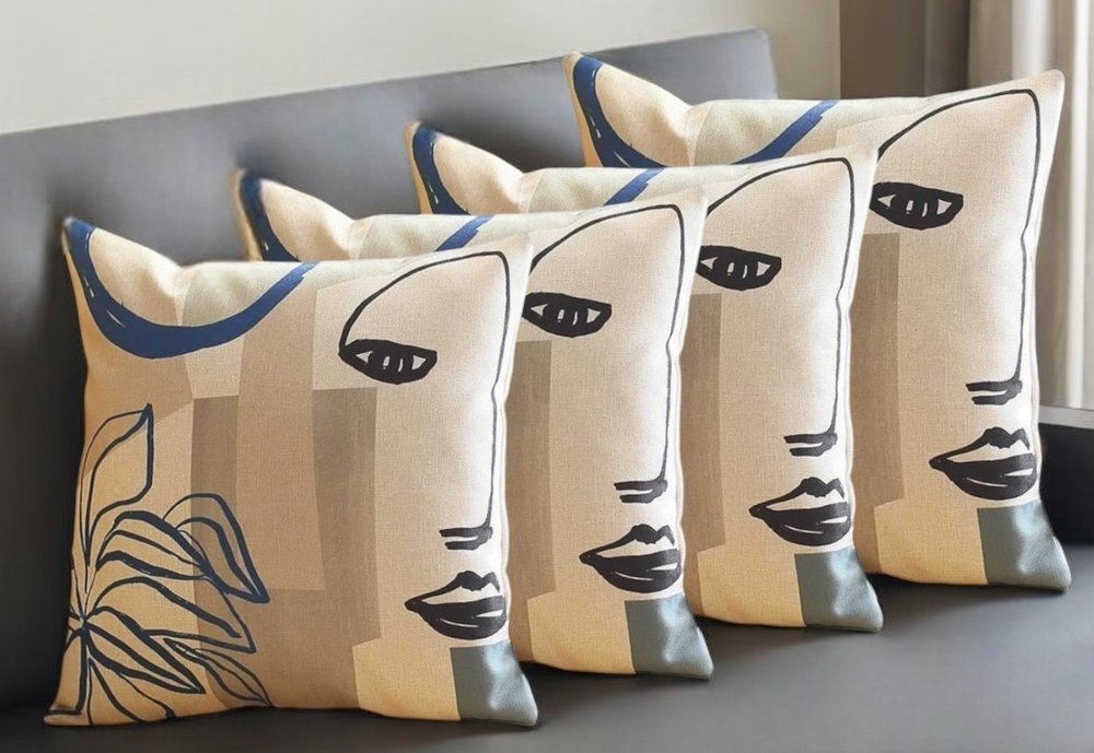 Set of Four 18" Ivory Blue and Gray Abstract Face Fabric Throw Pillows