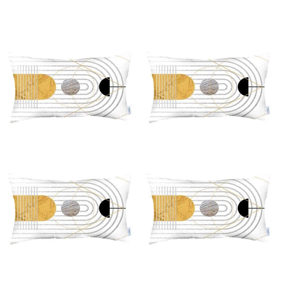 Set Of Four 20" X 12" Black And Yellow Abstract Zippered Handmade Polyester Lumbar Pillow