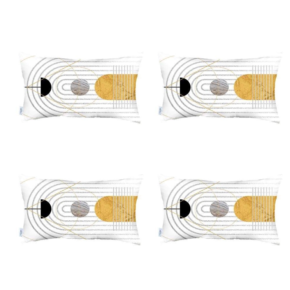 Set Of Four 20" X 12" Black And Yellow Abstract Zippered Handmade Polyester Lumbar Pillow