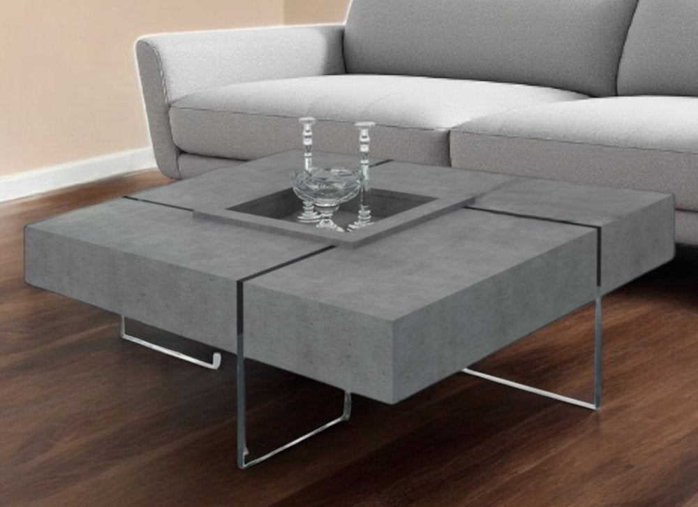 47" Gray and Clear Concrete And Glass Square Solid Coffee Table