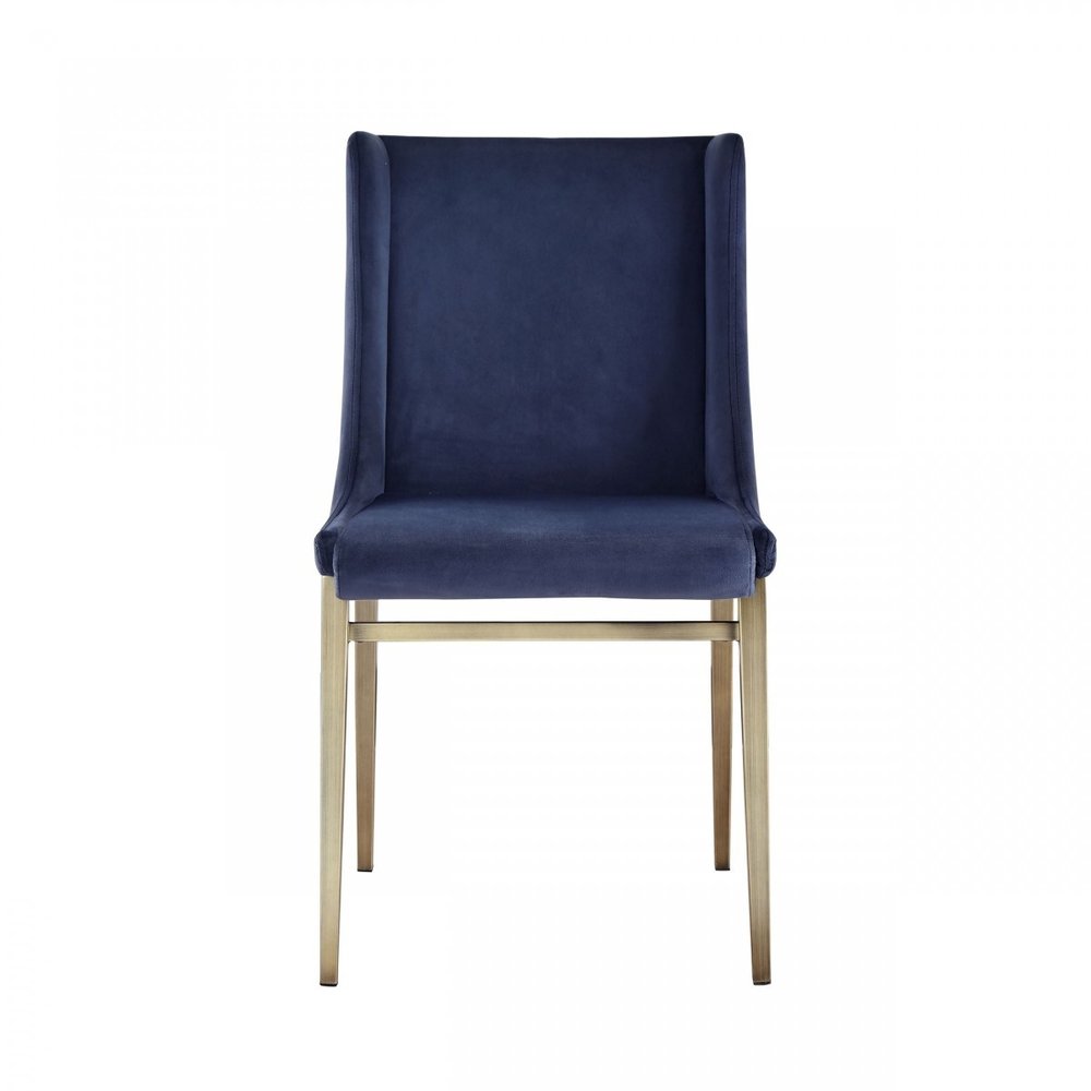 Set of Two Blue and Antiqued Brass Upholstered Fabric Wing Back Dining Side Chairs
