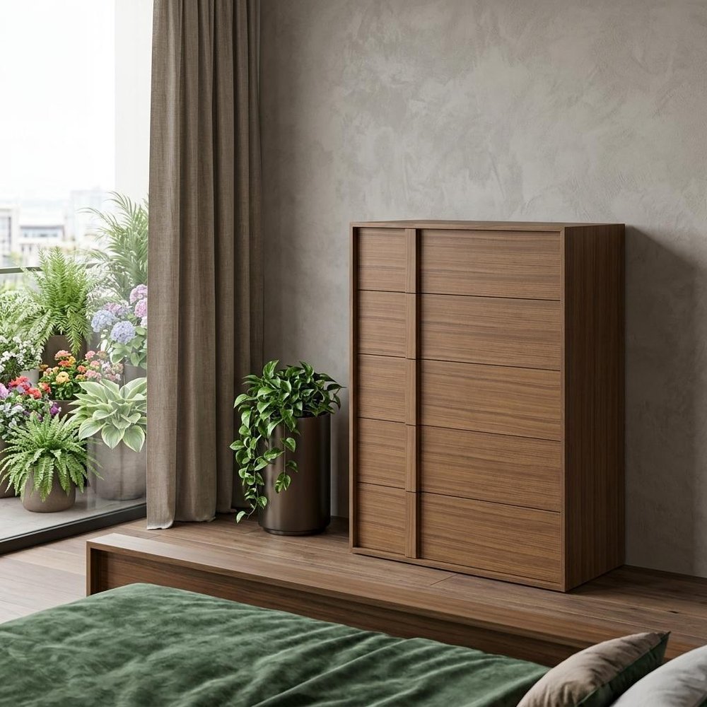 36" Walnut Brown Wood Contemporary Five Drawer Dresser