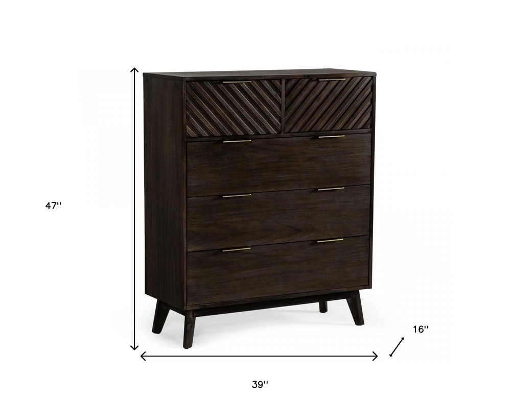 39" Dark Brown Solid Wood Five Drawer Dresser
