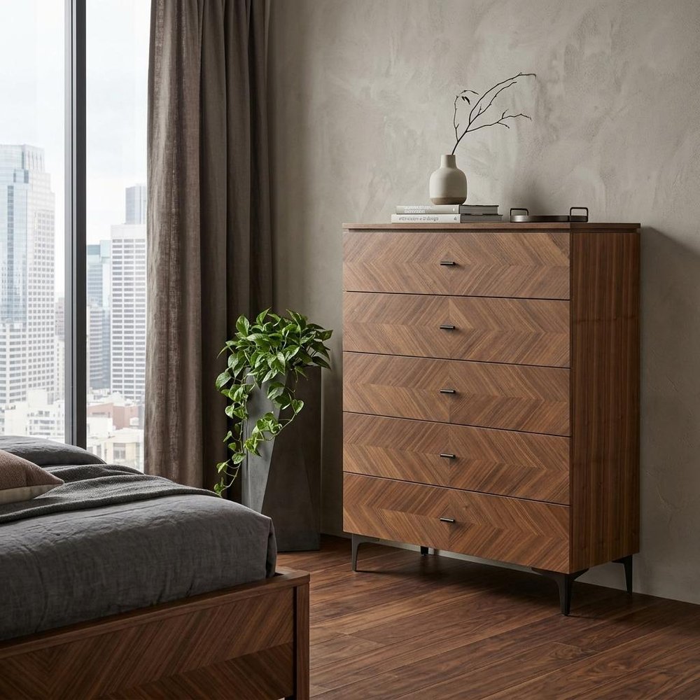 35" Brown Wood Five Drawer Dresser