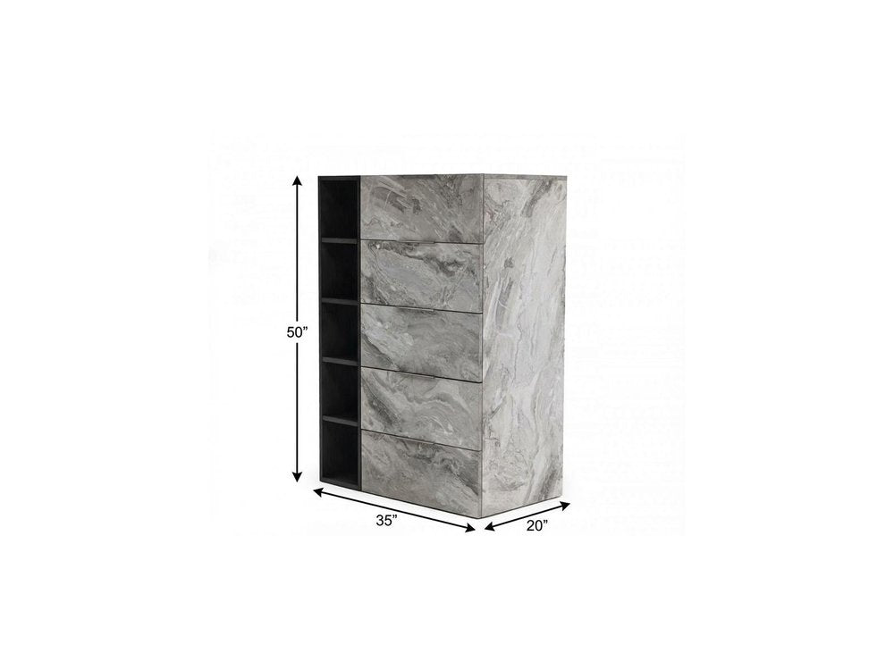 35" Gray Faux Marble And Wood Five Drawer Dresser