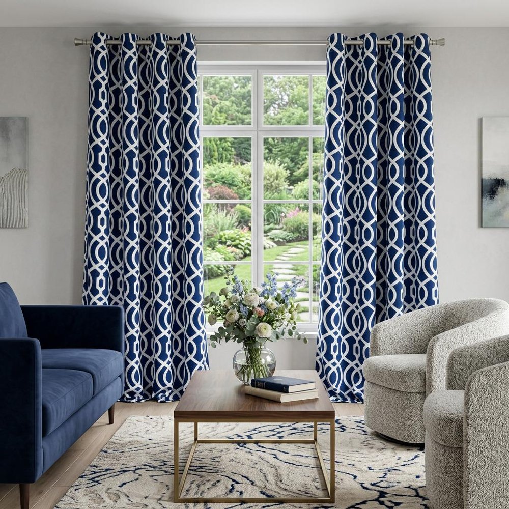 84" Navy Blue Trellis Black Out Window Curtain Panel