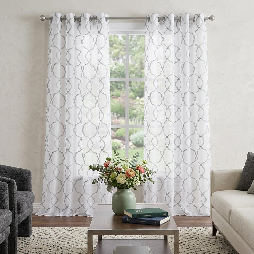 84” Silver Trellis Pattern Embroidered Window Curtain Panel