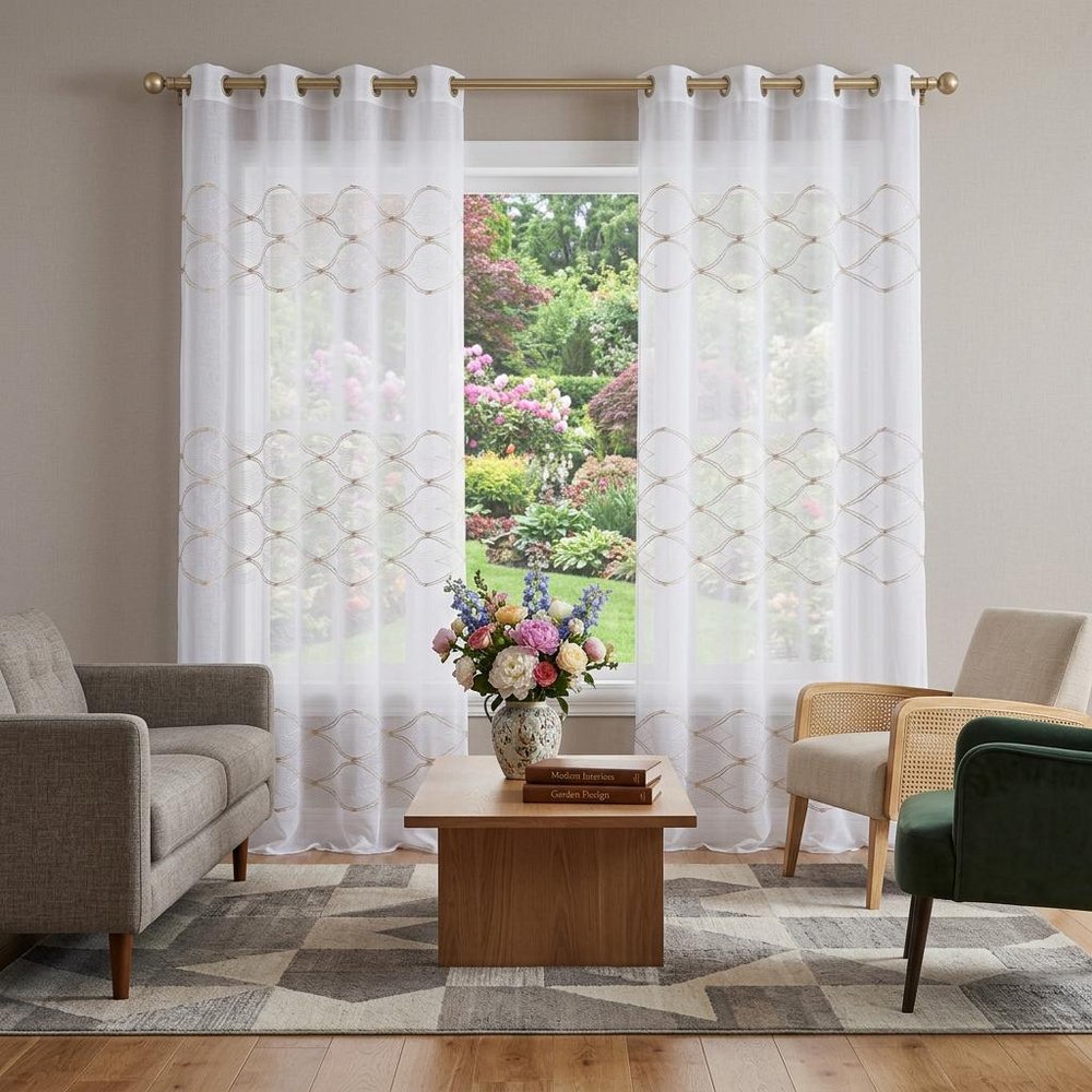 Set of Two 96" Gold and White SemiSheer Curtains