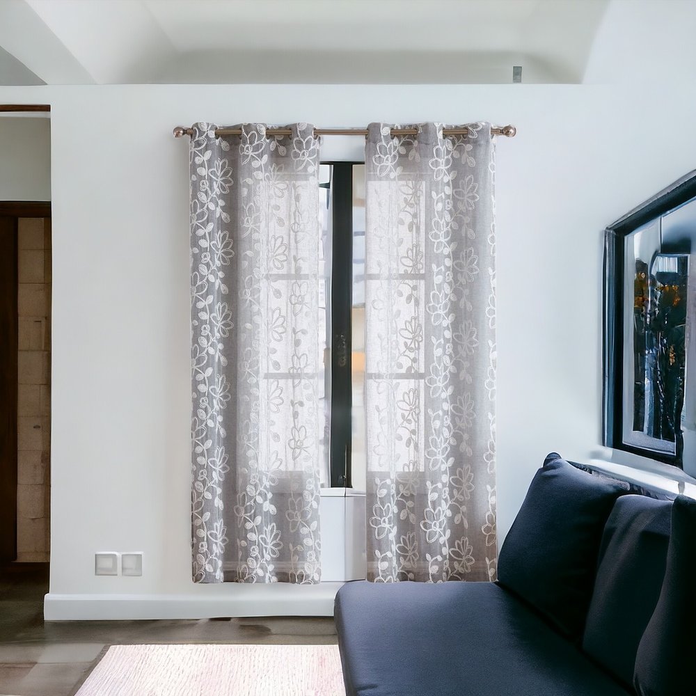 Set of Two 84" Silver Floral Embroidered Window Panels