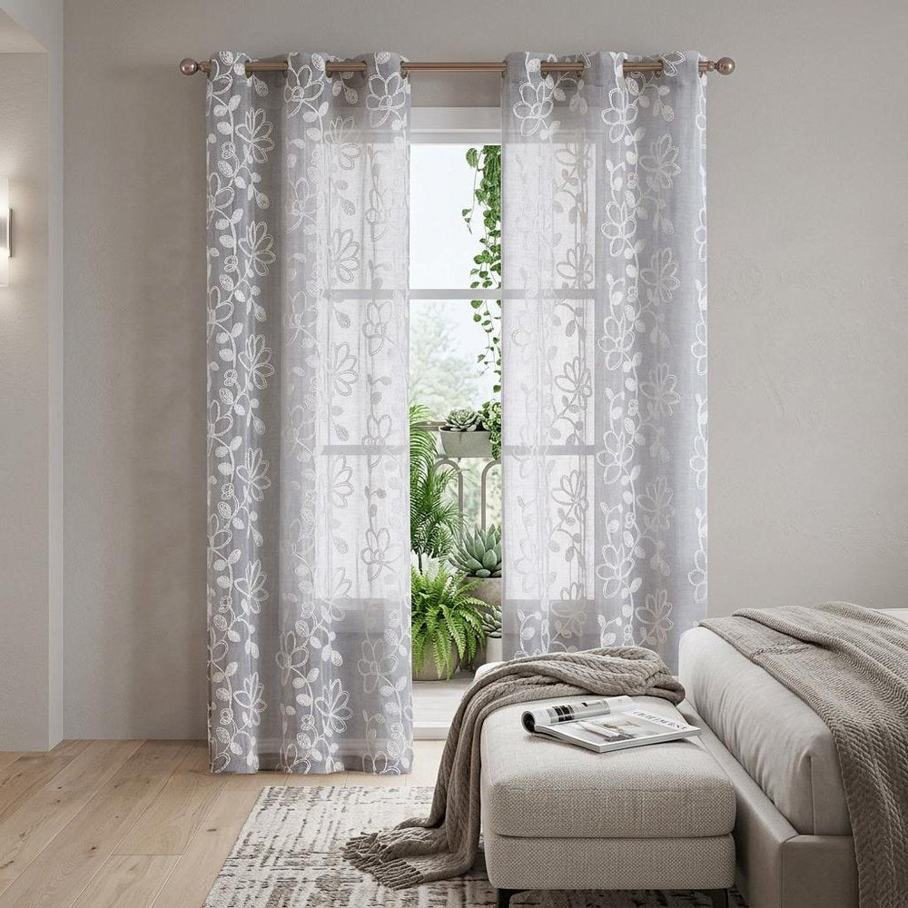 Set of Two 96" Silver Floral Embroidered Window Panels